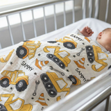 Personalised muslin swaddle wrap with baby name, soft breathable fabric, 120x120cm, gentle for newborns