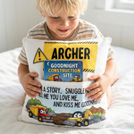 Personalised construction pocket book cushion with truck and digger design and built-in book pocket for kids