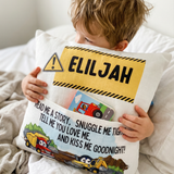 Personalised construction pocket book cushion with truck and excavator designs and child's name on front