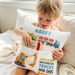 Personalised truck pocket book cushion with construction design and built-in pocket for kids' books