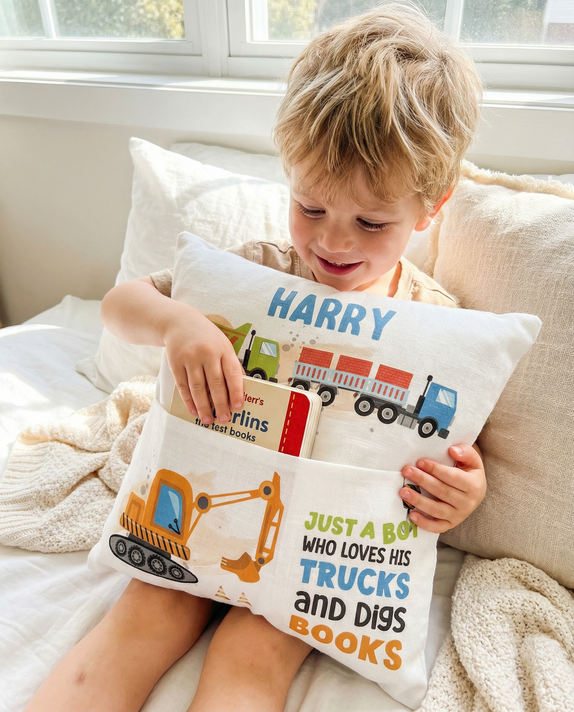 Personalised truck pocket book cushion with construction design and built-in pocket for kids' books