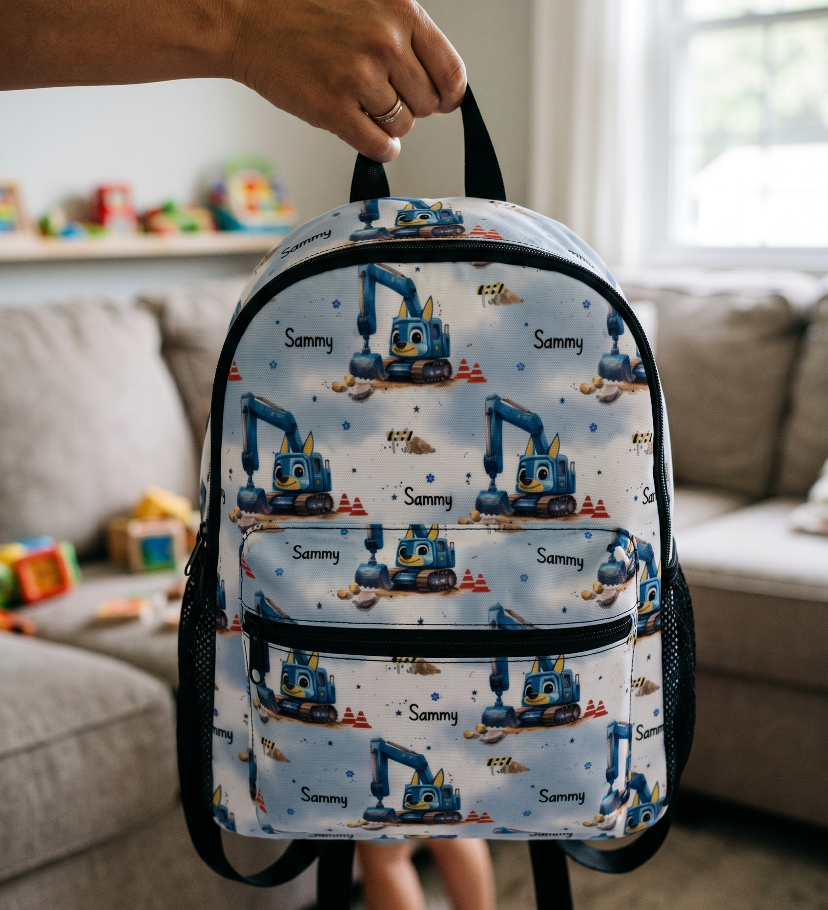 Personalised small daycare backpack in durable Oxford fabric, first day of daycare gift