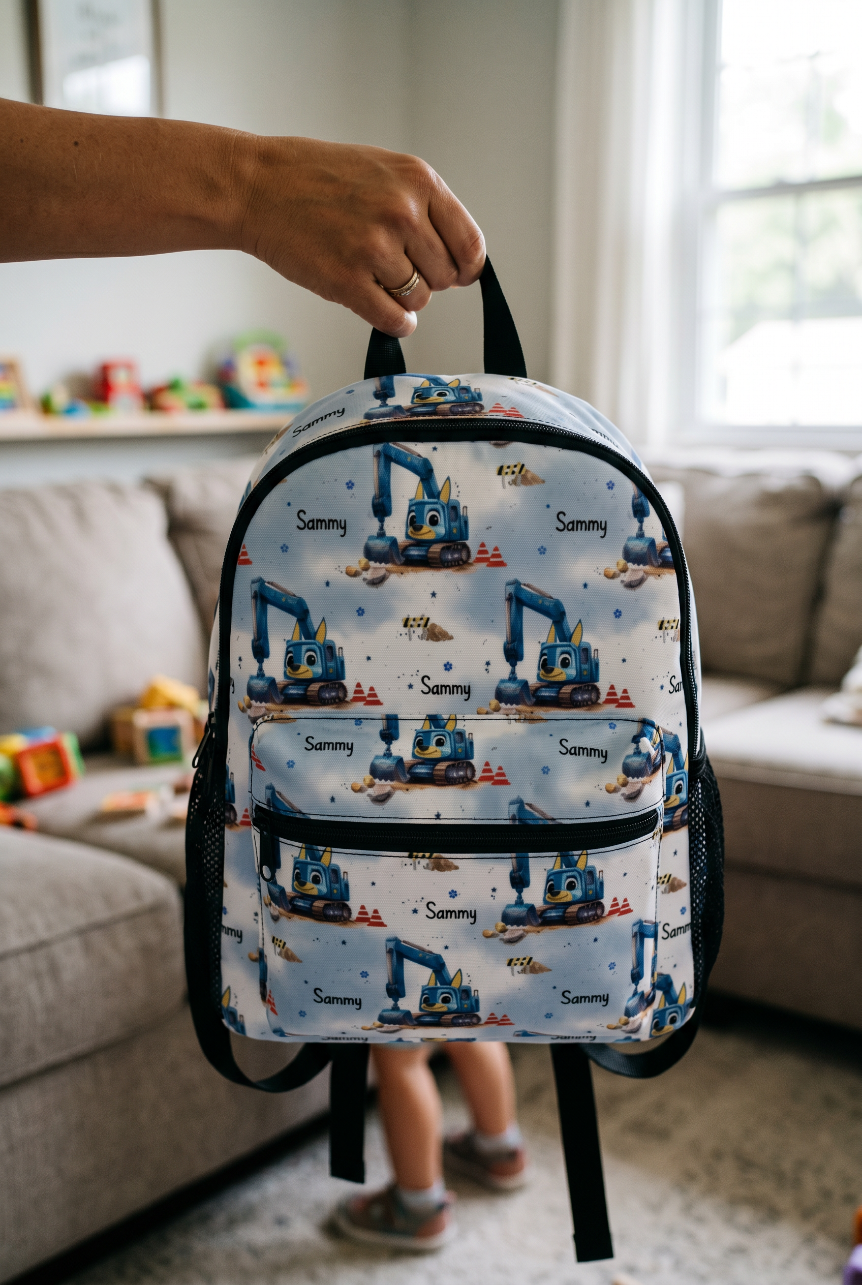 Personalised small daycare backpack in durable Oxford fabric, first day of daycare gift