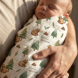 Personalised custom muslin swaddle wrap for newborns with baby name, breathable soft fabric, 120x120cm size.