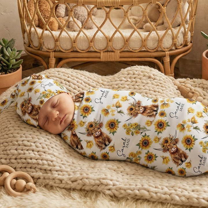 Newborn baby wrapped in a floral blanket in a cozy room with plants and a crib.