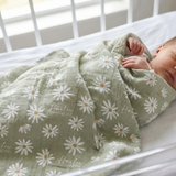 Custom muslin swaddle wrap personalized with baby's name, soft breathable fabric, 120x120cm size for newborns and babies