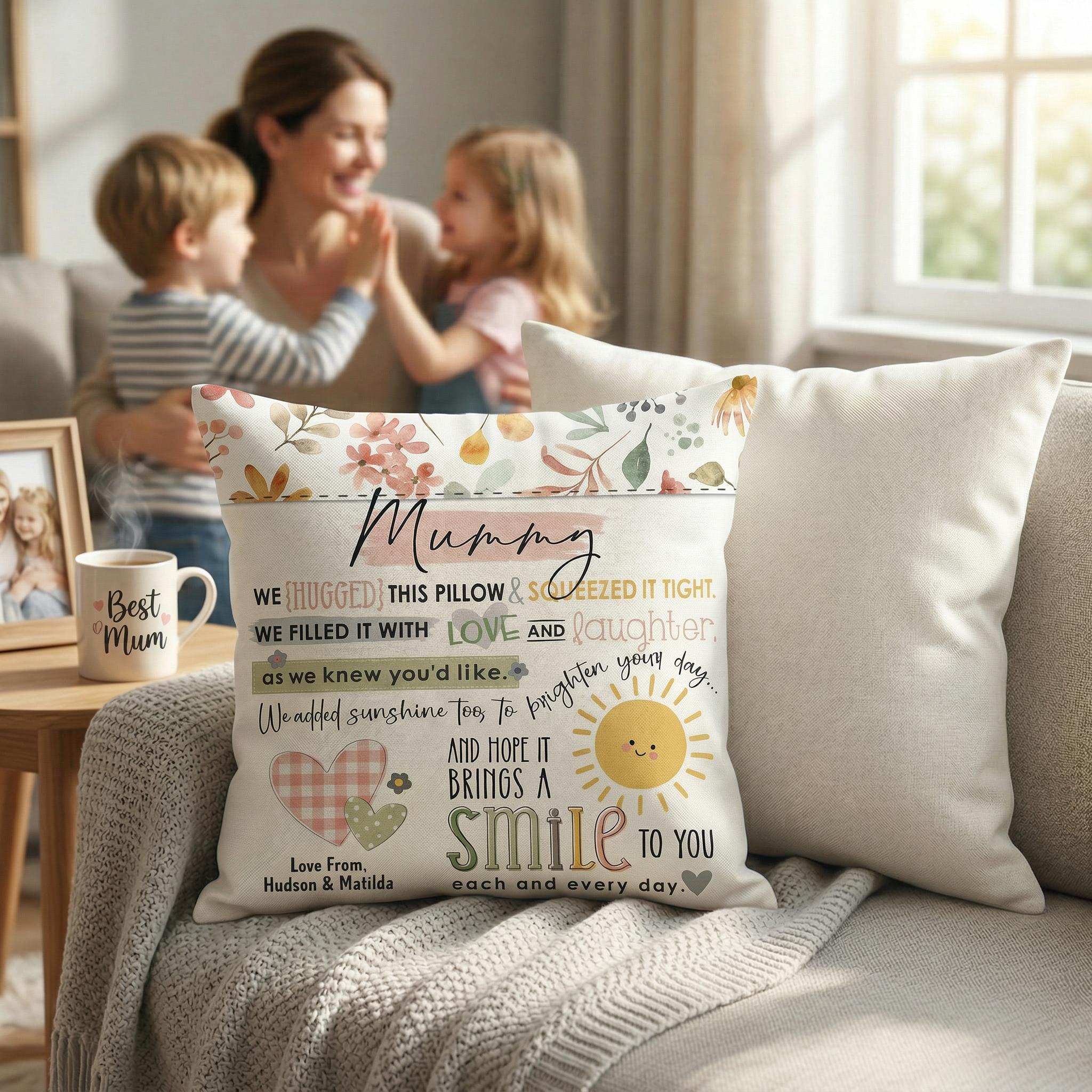 Sunshine Hugs Cushion with Insert — Personalised Mother's Day Gift