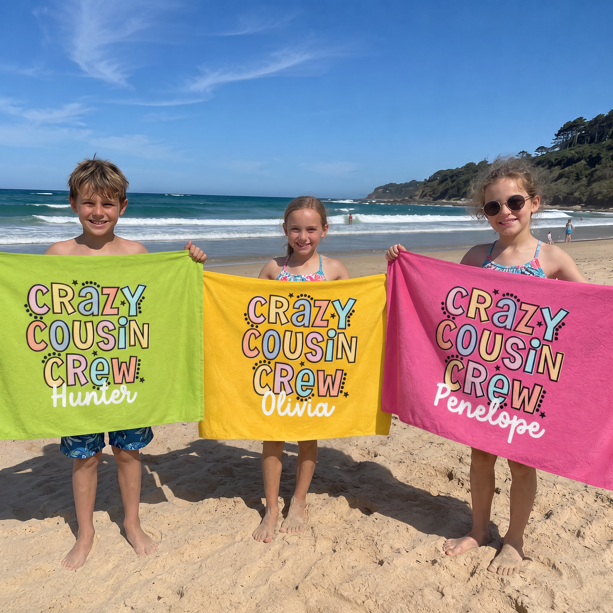 Matching Crazy Cousin Crew beach towel for the cousins - The Custom Co