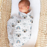 Personalised muslin swaddle wrap with baby name, soft breathable fabric, 120x120cm, ideal for newborn comfort and gifting