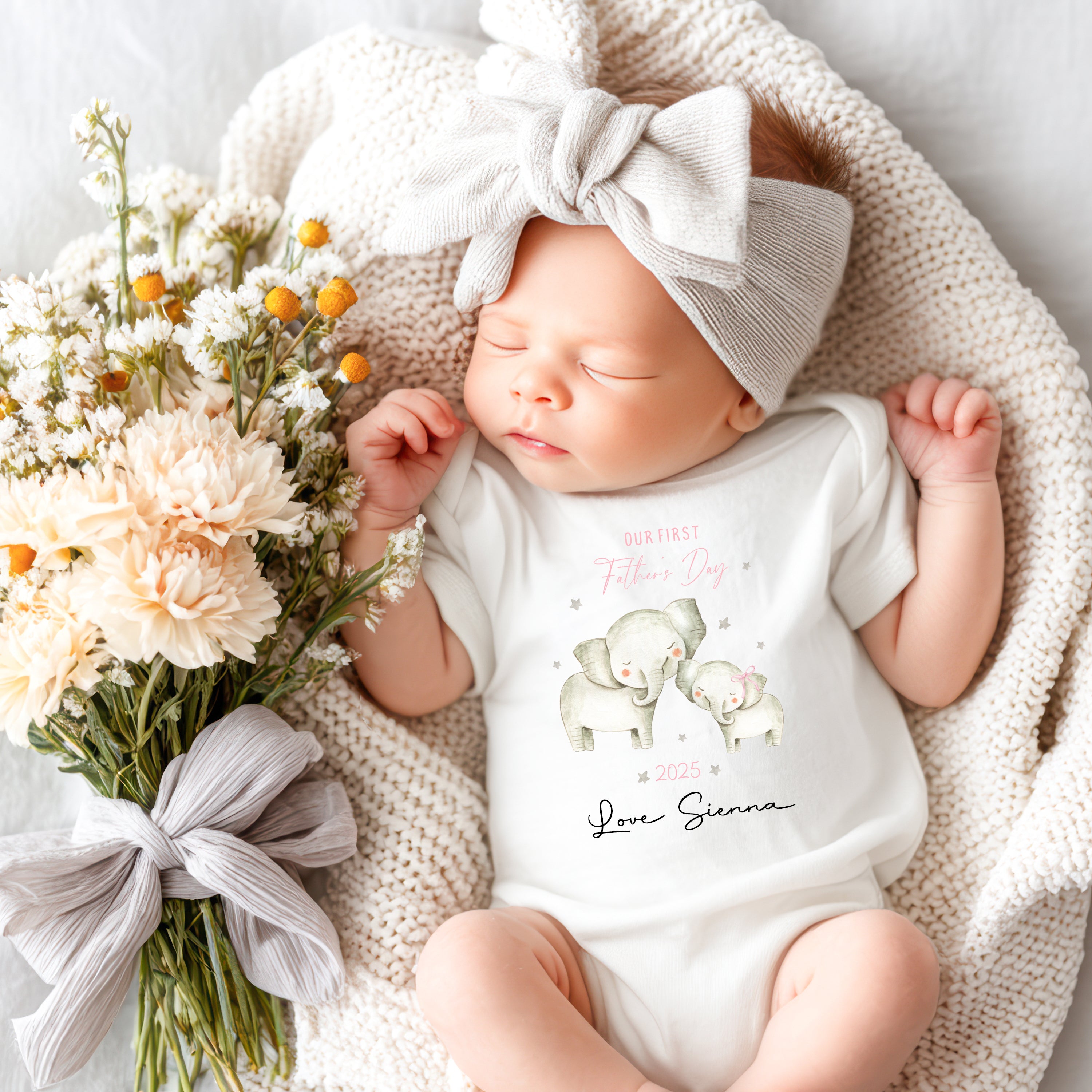Baby girl Father's Day outfit pink onesie with elephant print and special message