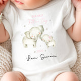 Personalised Our First Father's Day baby onesie in pink with cute elephant design