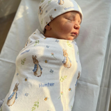 Personalised swaddle and beanie set made from soft stretch poly fabric for newborn comfort and style