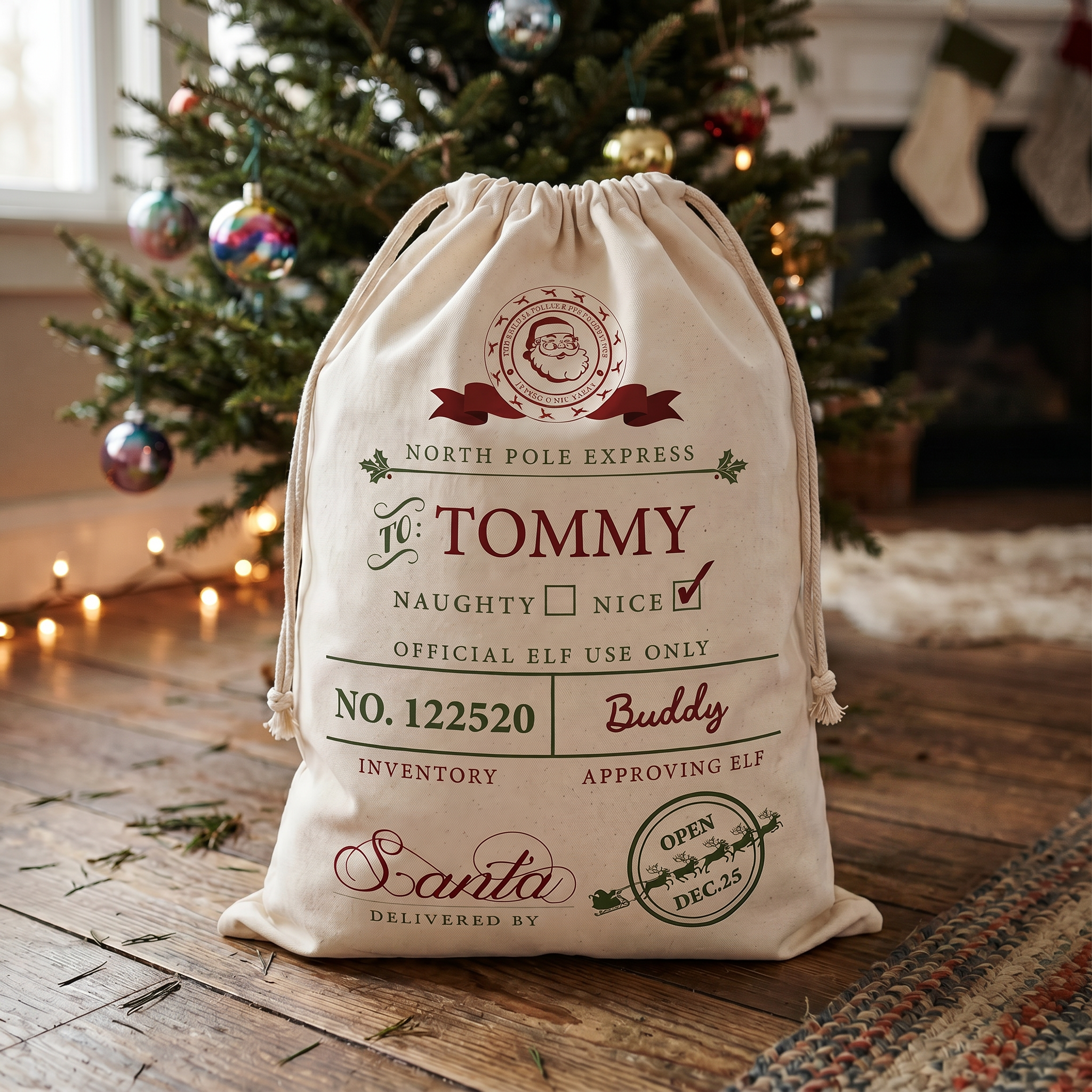 Naughty or Nice Santa sack personalised with each name, Christmas gift