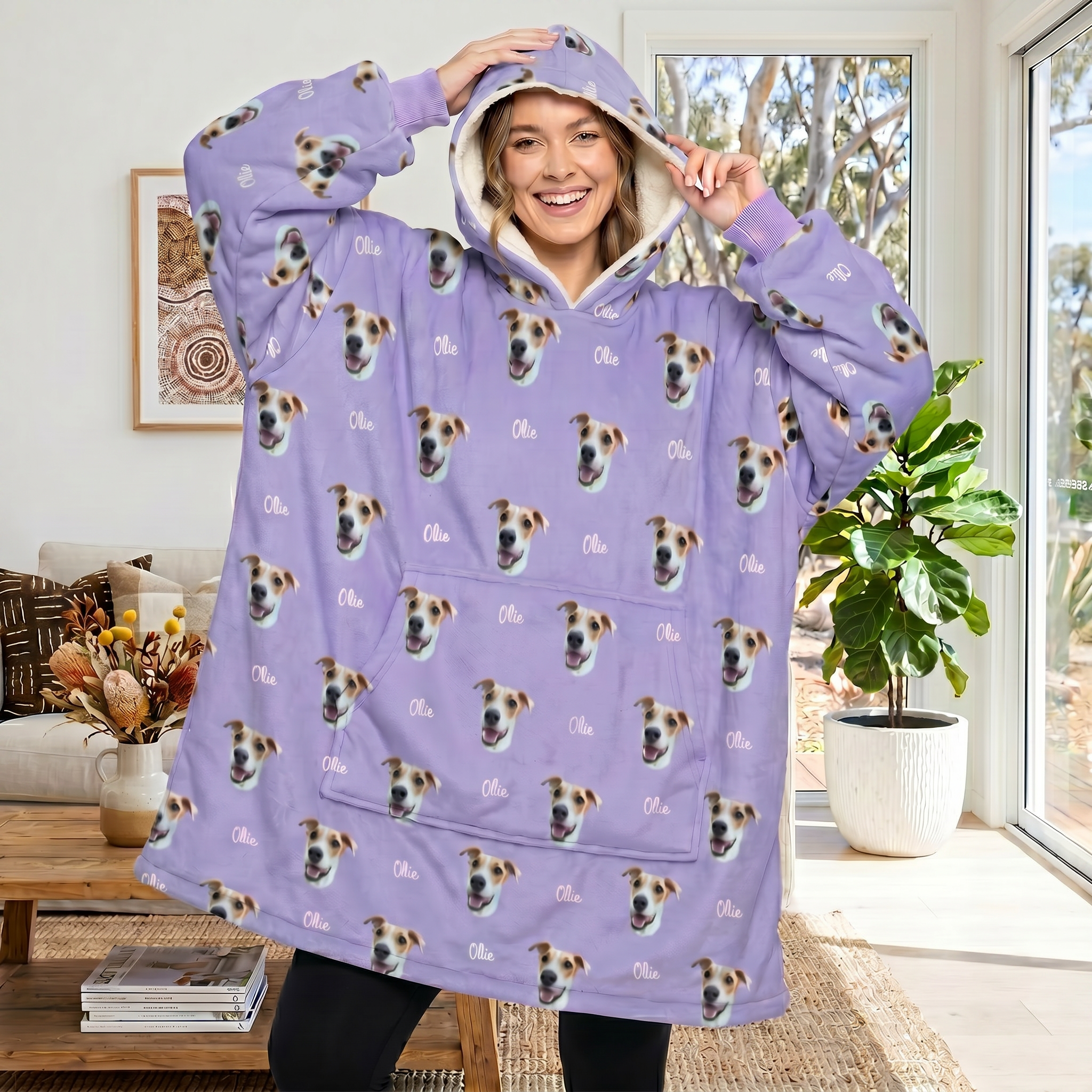 Pet Photo hoodie blanket personalised with each name, Christmas gift