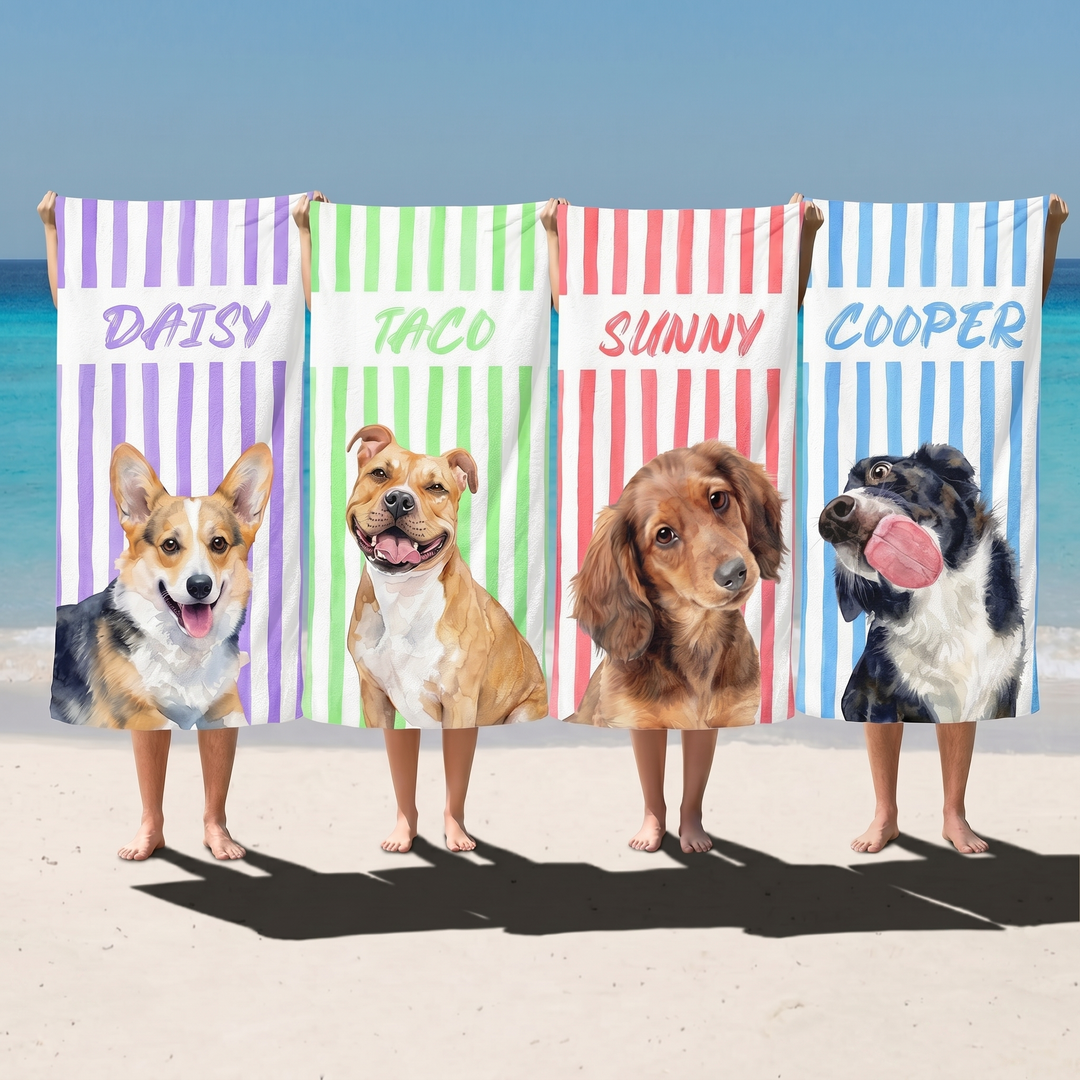 Personalised Pet Beach Towel — Custom Dog Portrait &amp; Name | Microfibre Quick-Dry