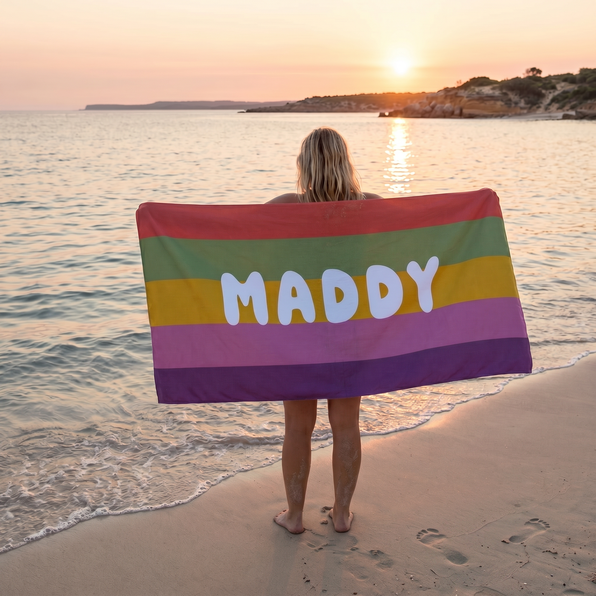Retro Stripe personalised beach towel with custom names - The Custom Co