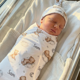 Personalised baby swaddle and beanie set in stretch poly fabric for comfort and style