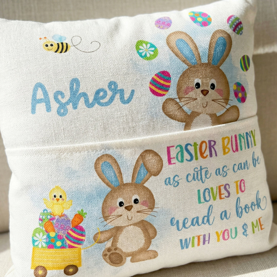 Personalised Easter Pocket Book Cushion blue with bunny and name pocket for kids&