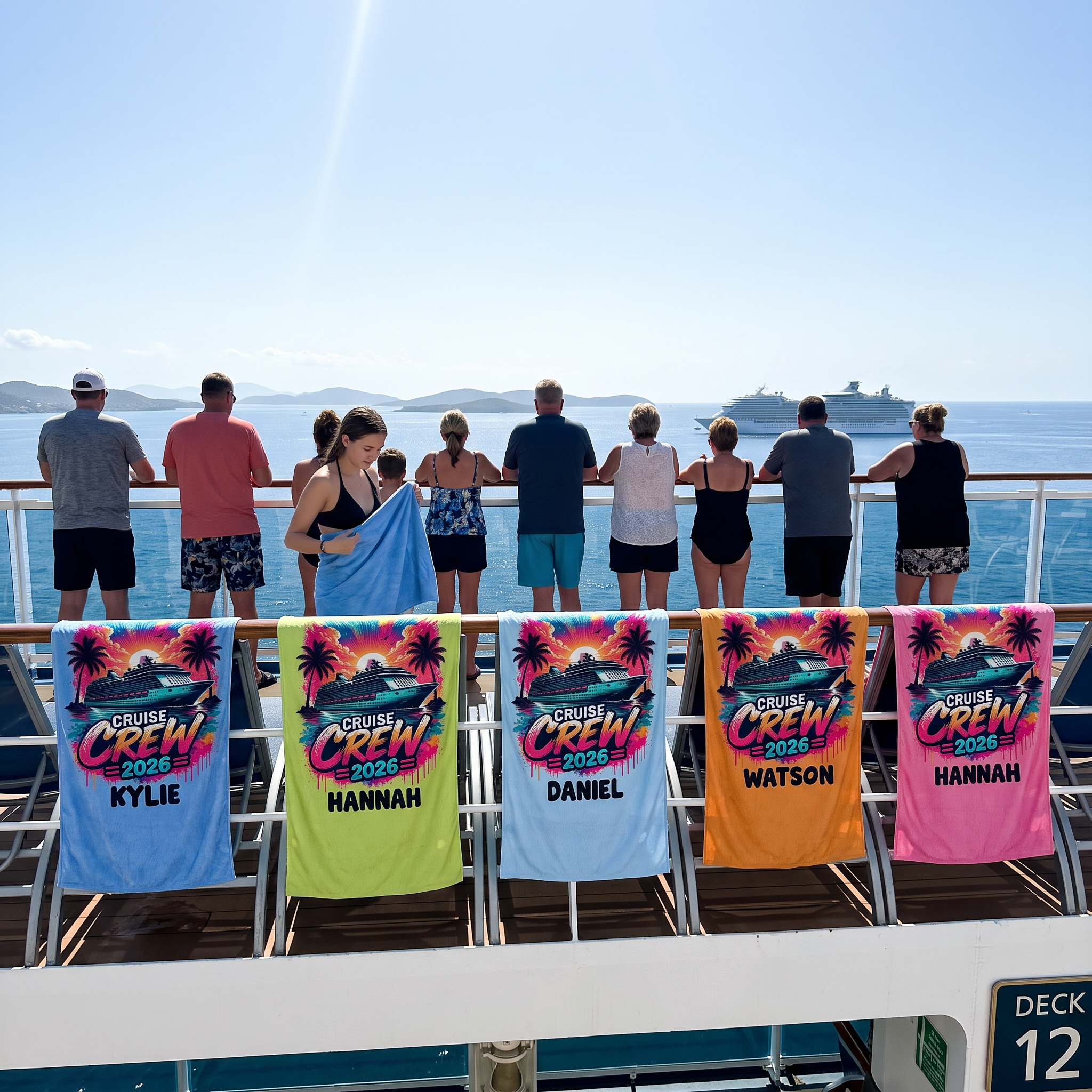 Personalized Cruise Crew 2026 beach towel name print detail