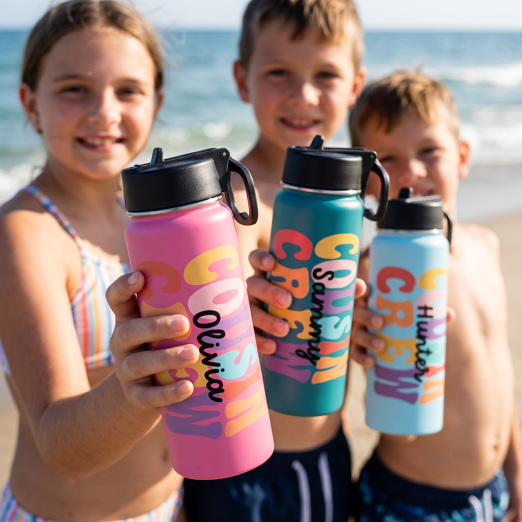 Cousin Crew drink bottle personalised with each name, birthday gift