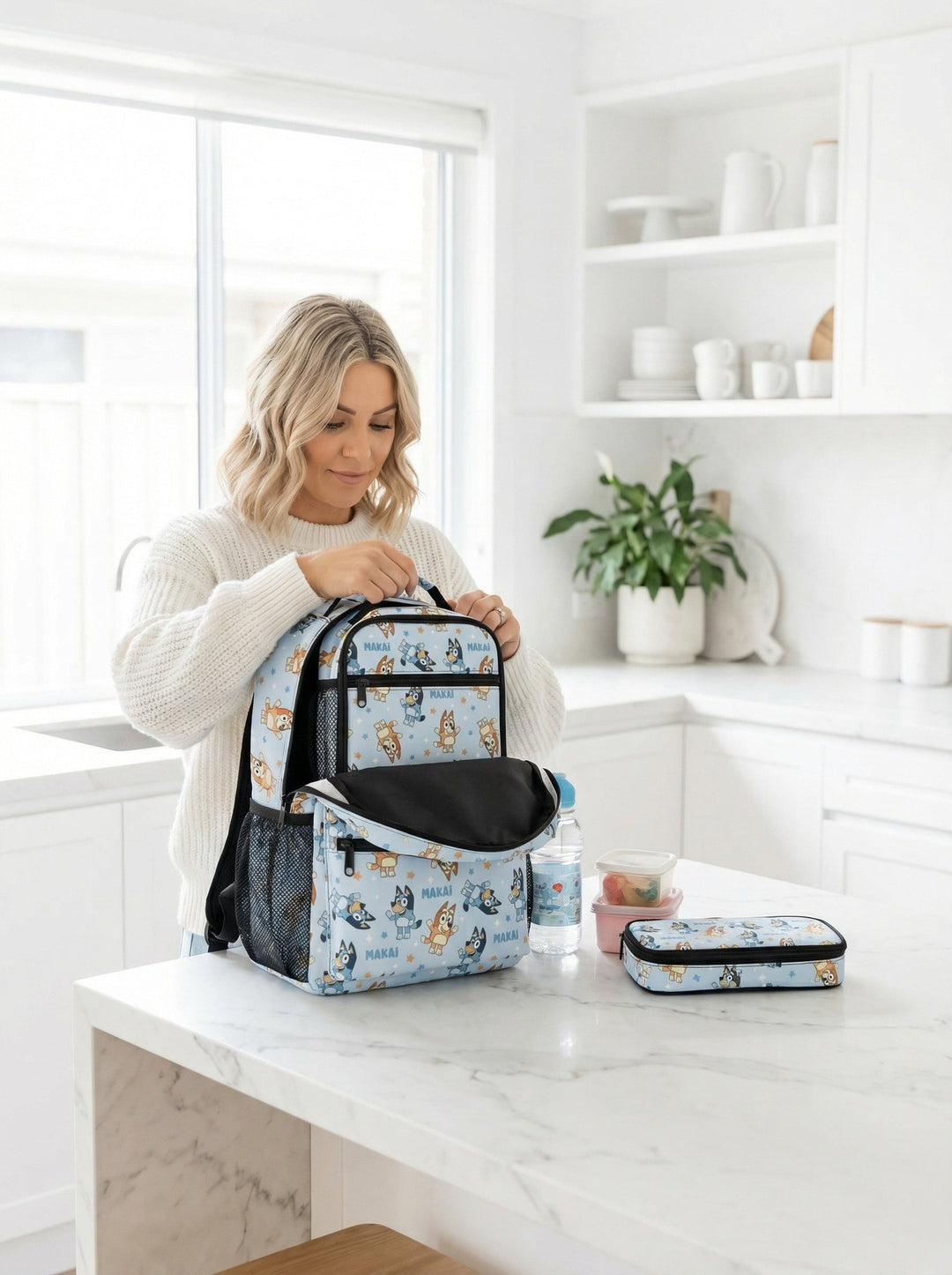 Personalised kids backpack, lunch bag, and pencil case combo with child&