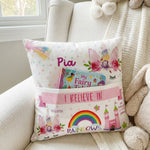 Personalised unicorn pocket book cushion with pastel unicorn design and name, featuring built-in book pocket for kids.
