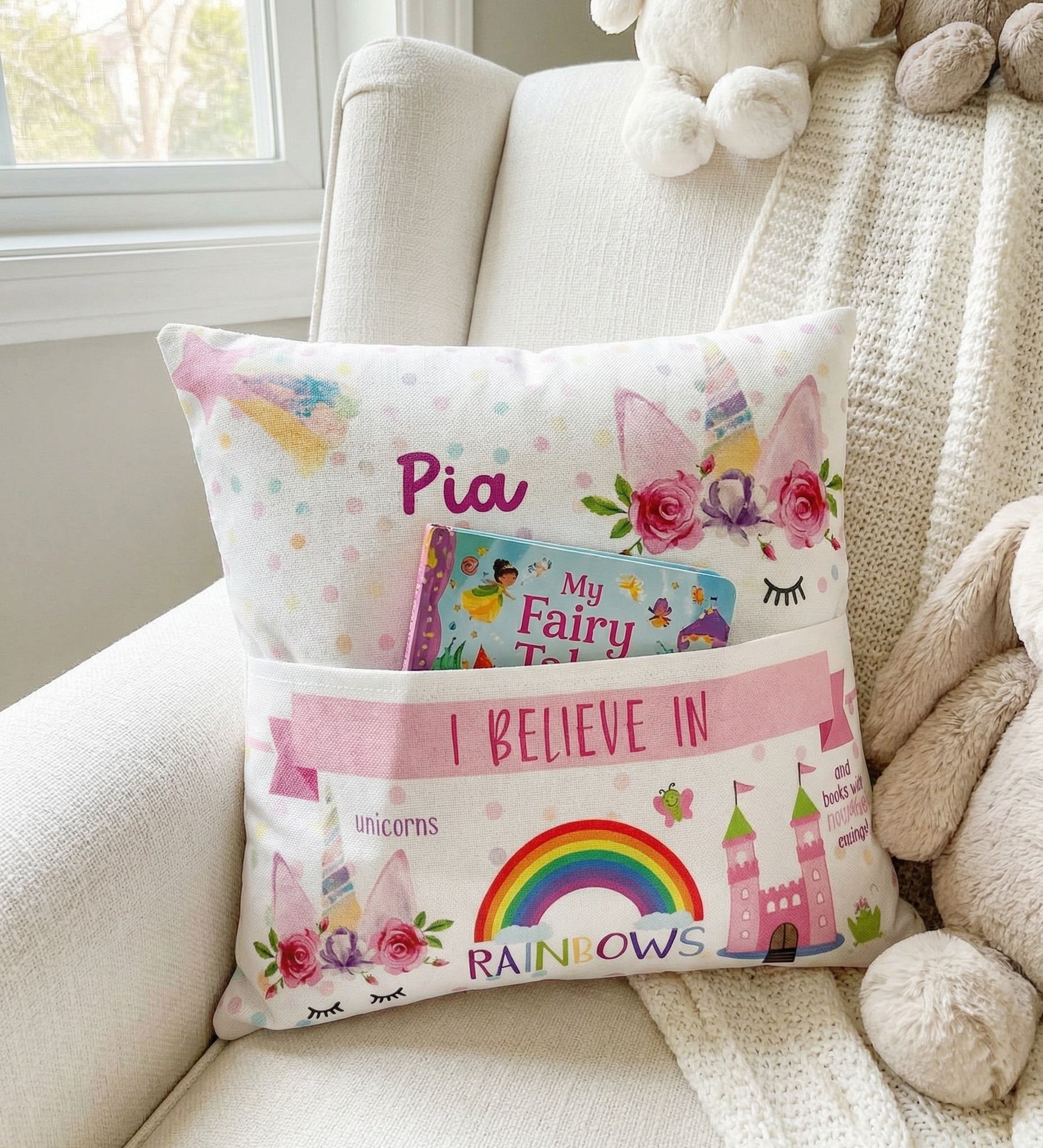 Personalised unicorn pocket book cushion with pastel unicorn design and name, featuring built-in book pocket for kids.