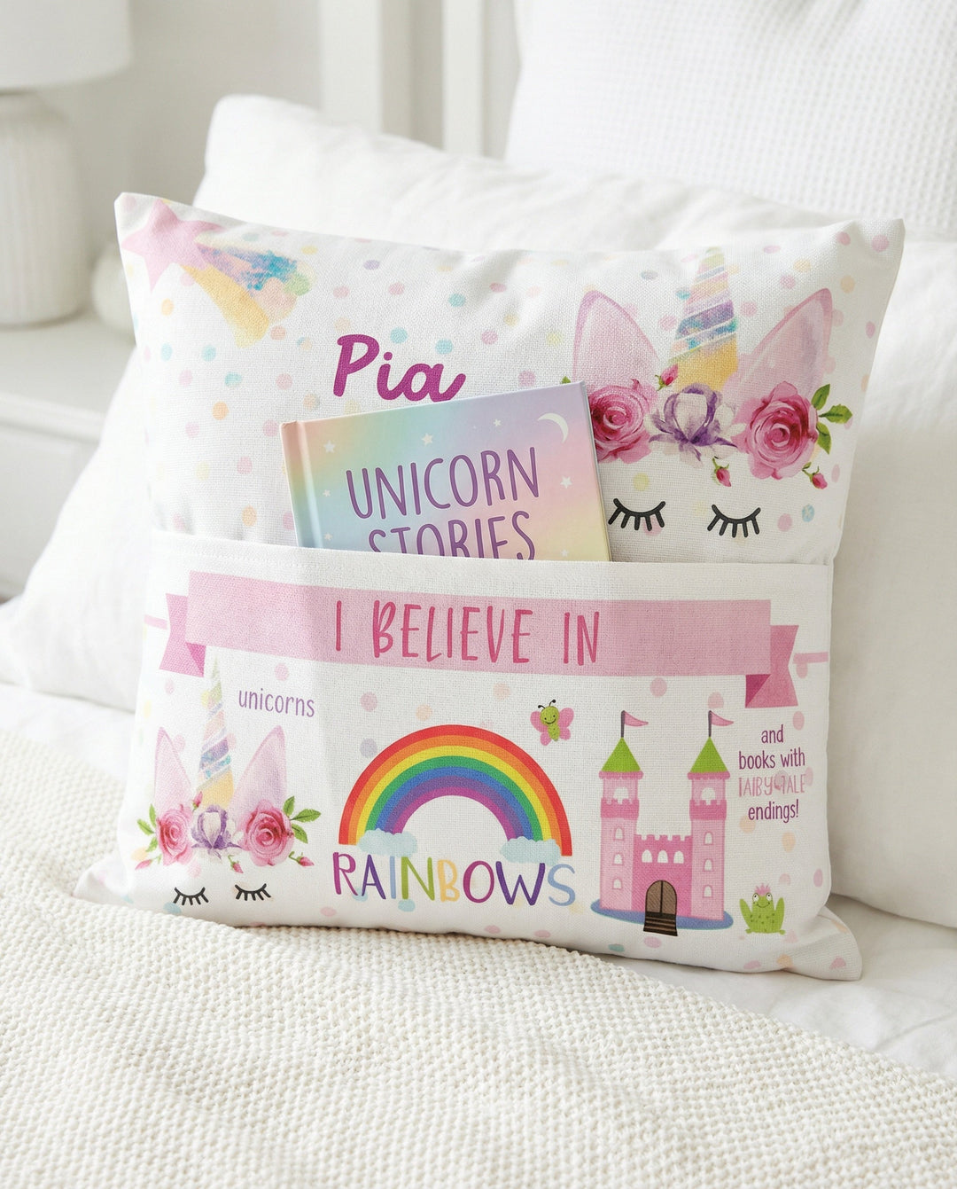 Personalised Unicorn Pocket Book Cushion with built-in book pocket and child’s name on pastel unicorn design