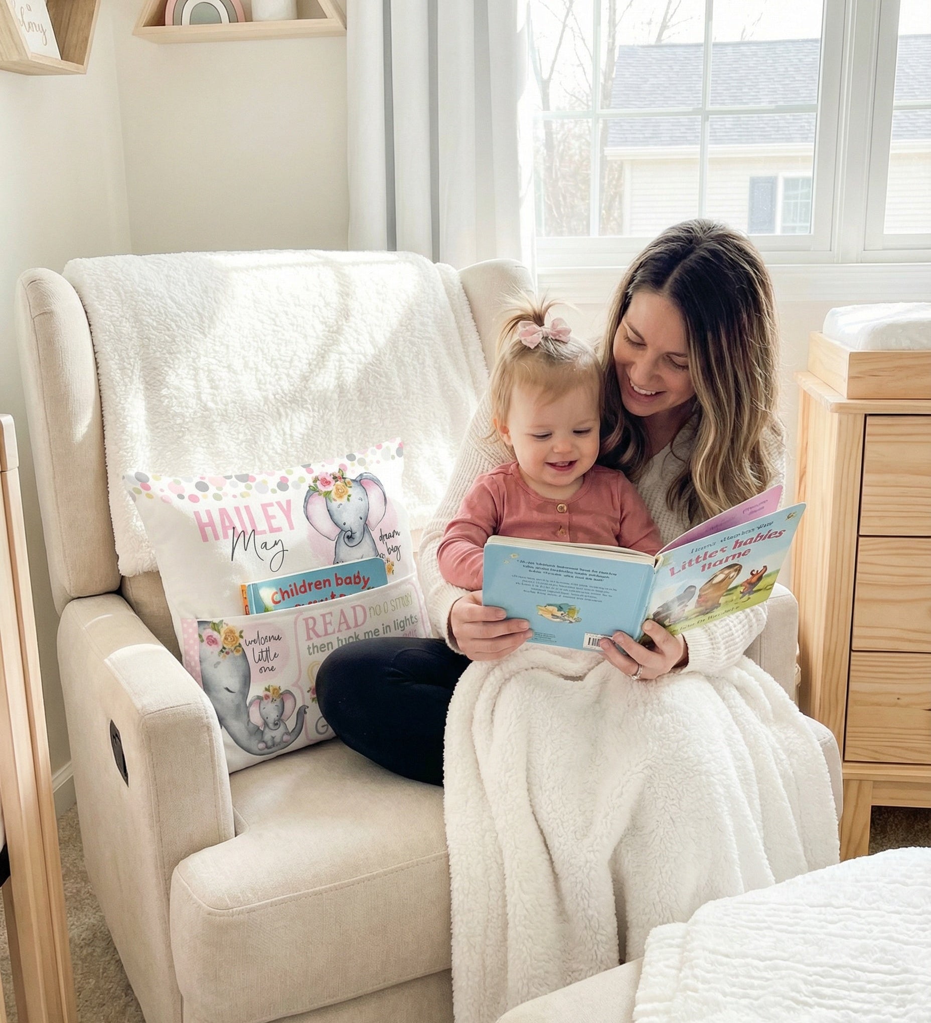 Personalised pink baby elephant pocket book cushion with built-in pocket for children's books and name customization
