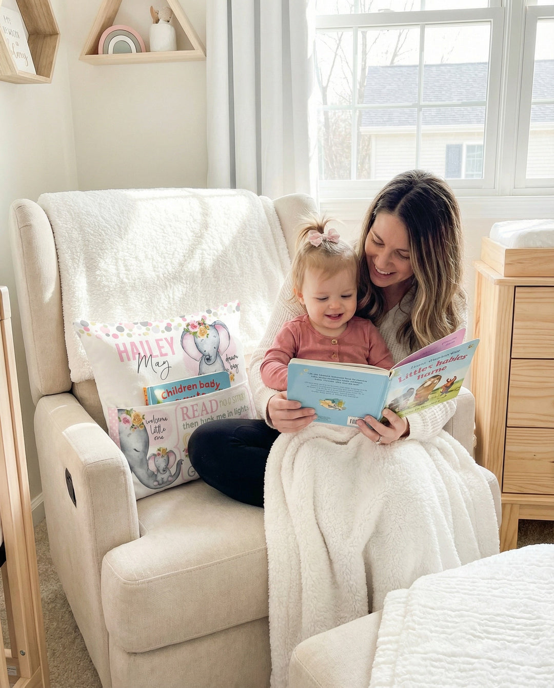 Personalised pink baby elephant pocket book cushion with built-in pocket for children&