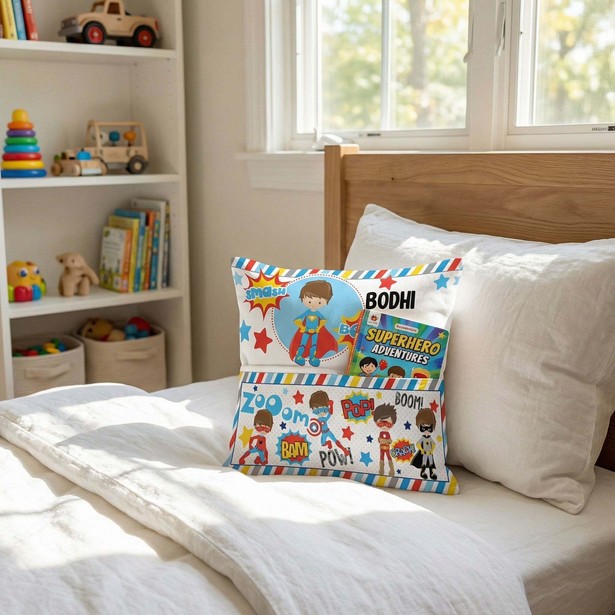 Personalised superhero pocket book cushion with child's name and built-in book pocket for kids.