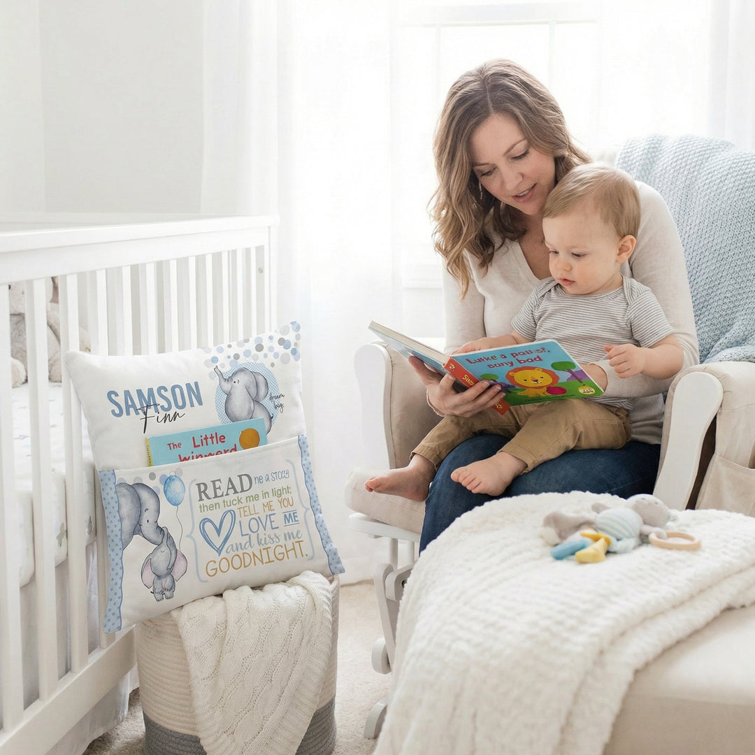 Personalised baby elephant blue pocket book cushion with built-in pocket and child&