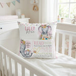 Personalised pink baby elephant pocket book cushion with built-in book pocket and child's name
