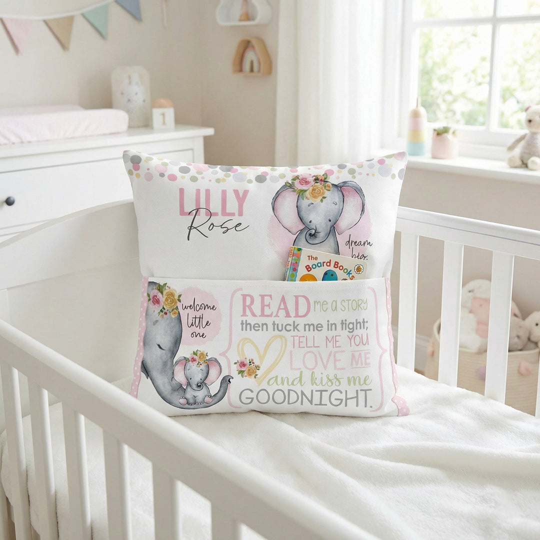 Personalised pink baby elephant pocket book cushion with built-in book pocket and child&