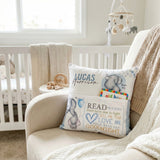 Personalised blue baby elephant pocket book cushion with name and built-in book pocket