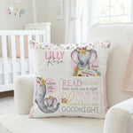 Personalised pink baby elephant pocket book cushion with built-in book pocket and child's name on front
