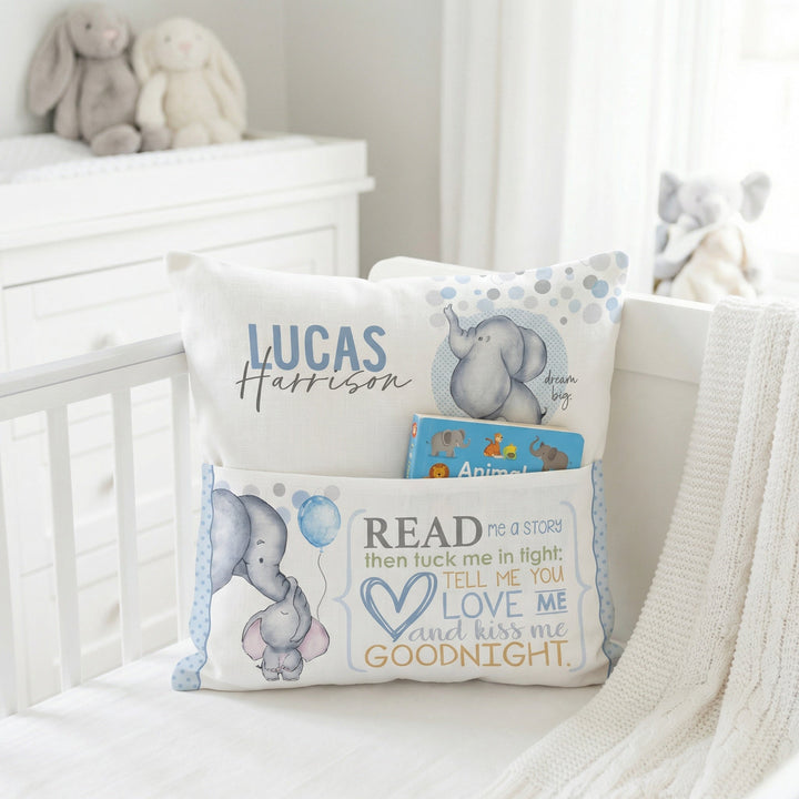 Personalised baby elephant blue cushion with book pocket and child&