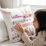 Personalised unicorn pocket book cushion with pastel unicorn illustration and built-in book pocket for children