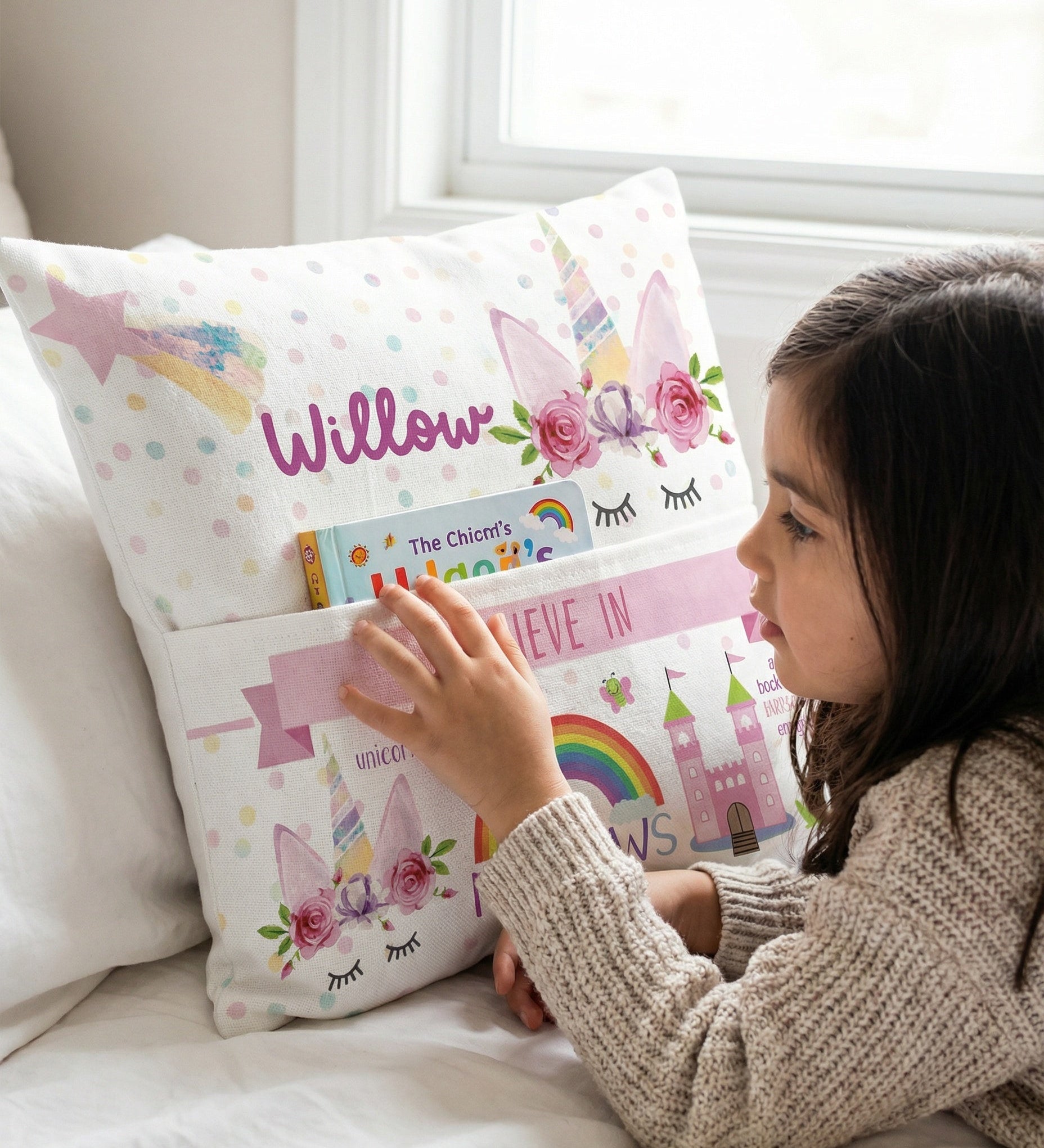 Personalised unicorn pocket book cushion with pastel unicorn illustration and built-in book pocket for children