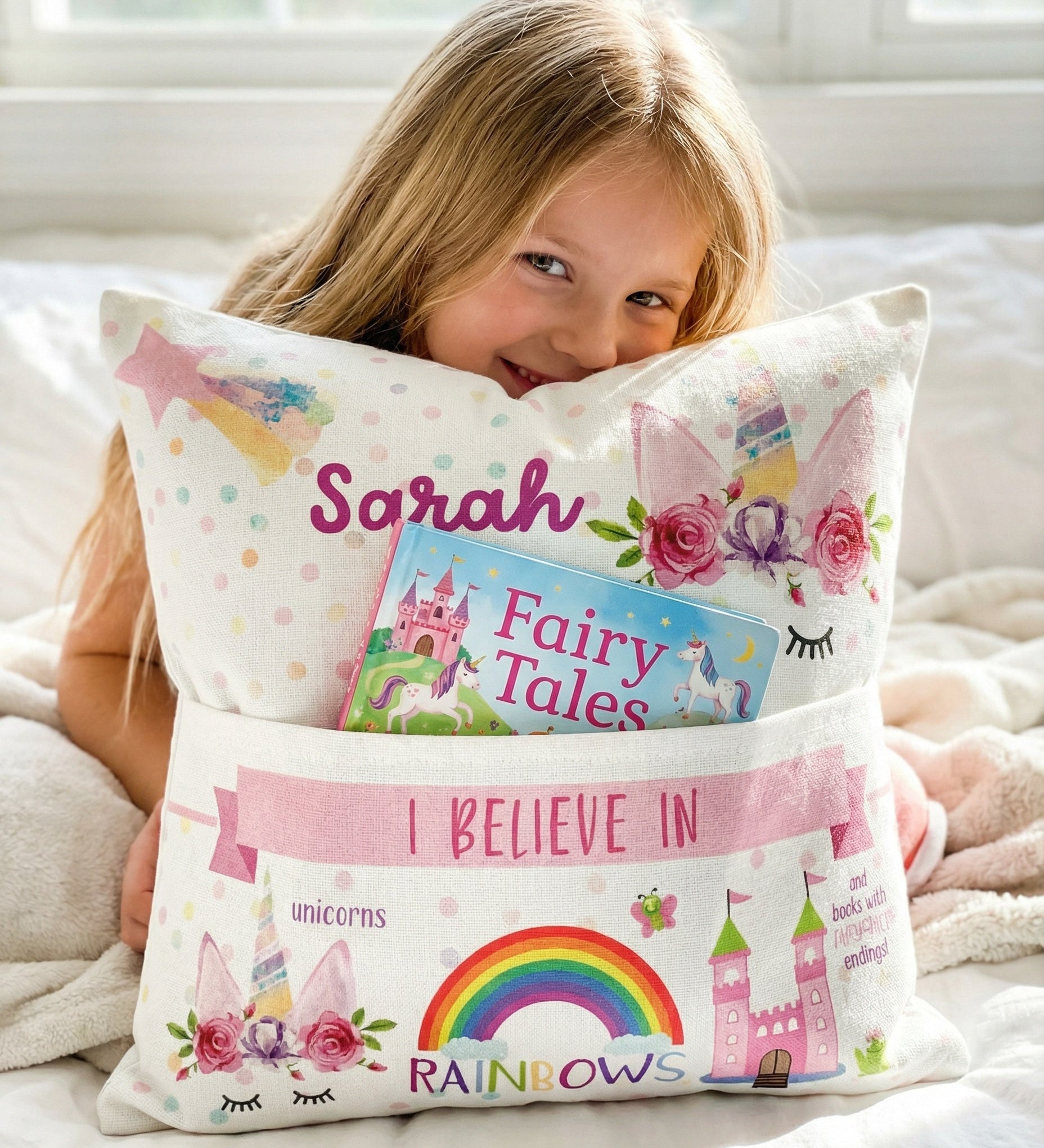 Personalised Unicorn Pocket Book Cushion with name, pastel unicorn design, and built-in book pocket for children
