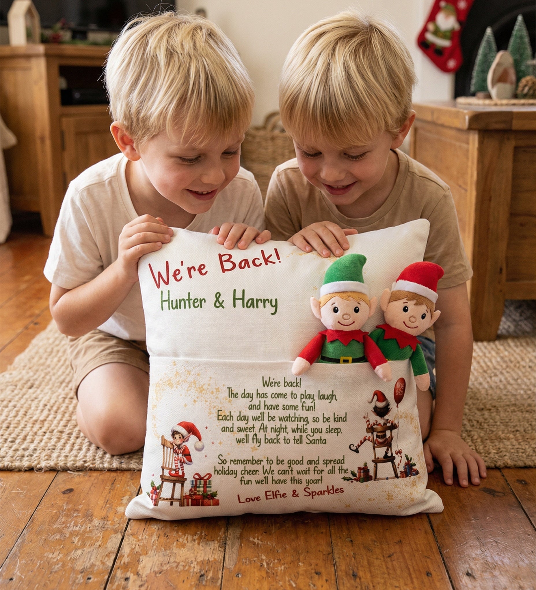 Customised "We’re Back" Christmas pillow with front elf pocket and child's name on rustic linen-style cushion cover