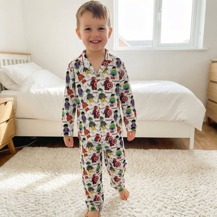 Personalised kids pyjamas long sleeve breathable polyester blend with all-over print and child&