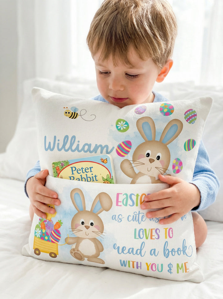 Blue personalised Easter pocket book cushion with bunny design and name pocket for kids&