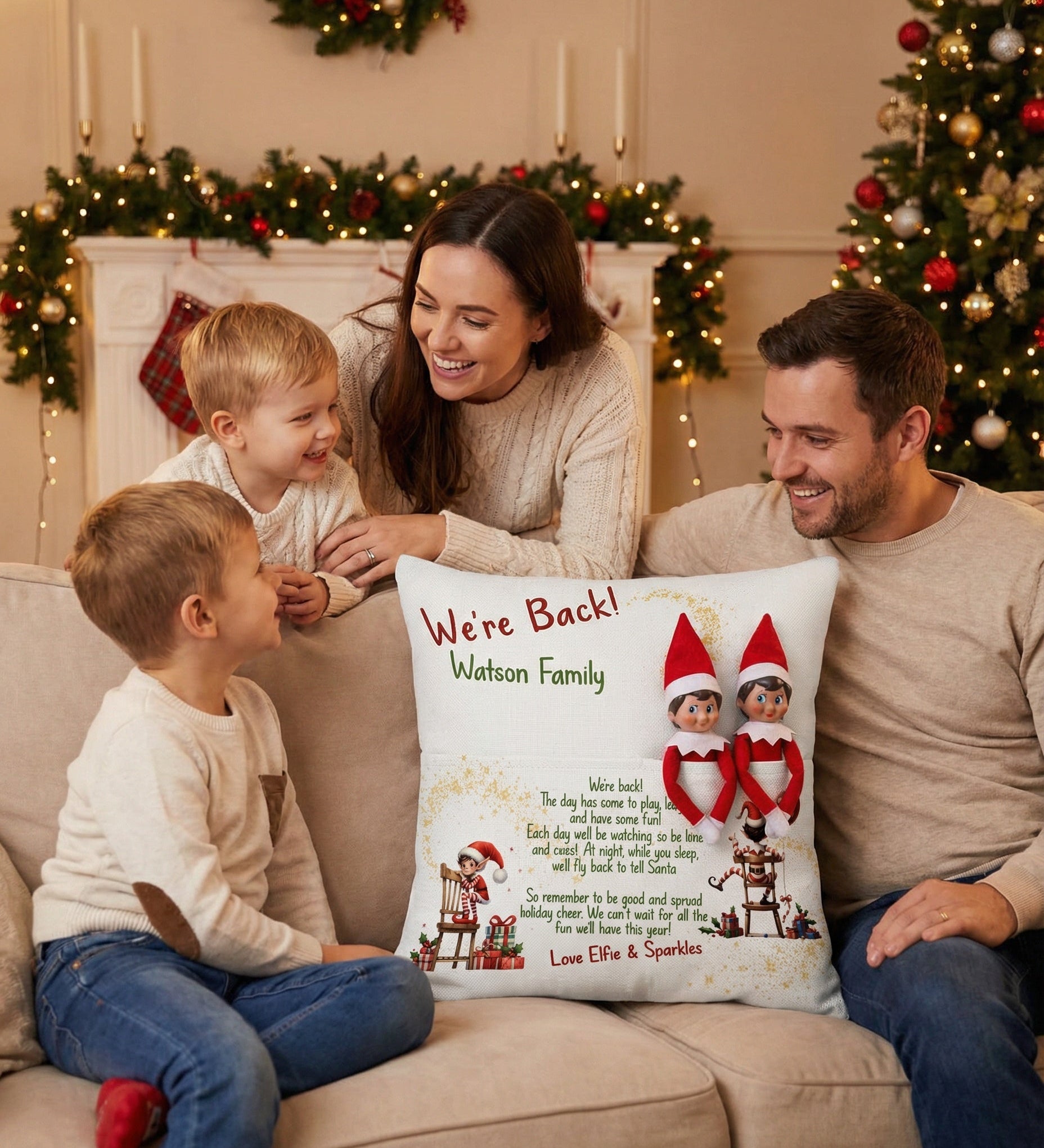 Personalised "We’re Back" Christmas Pillow with elf pocket and rustic linen fabric design