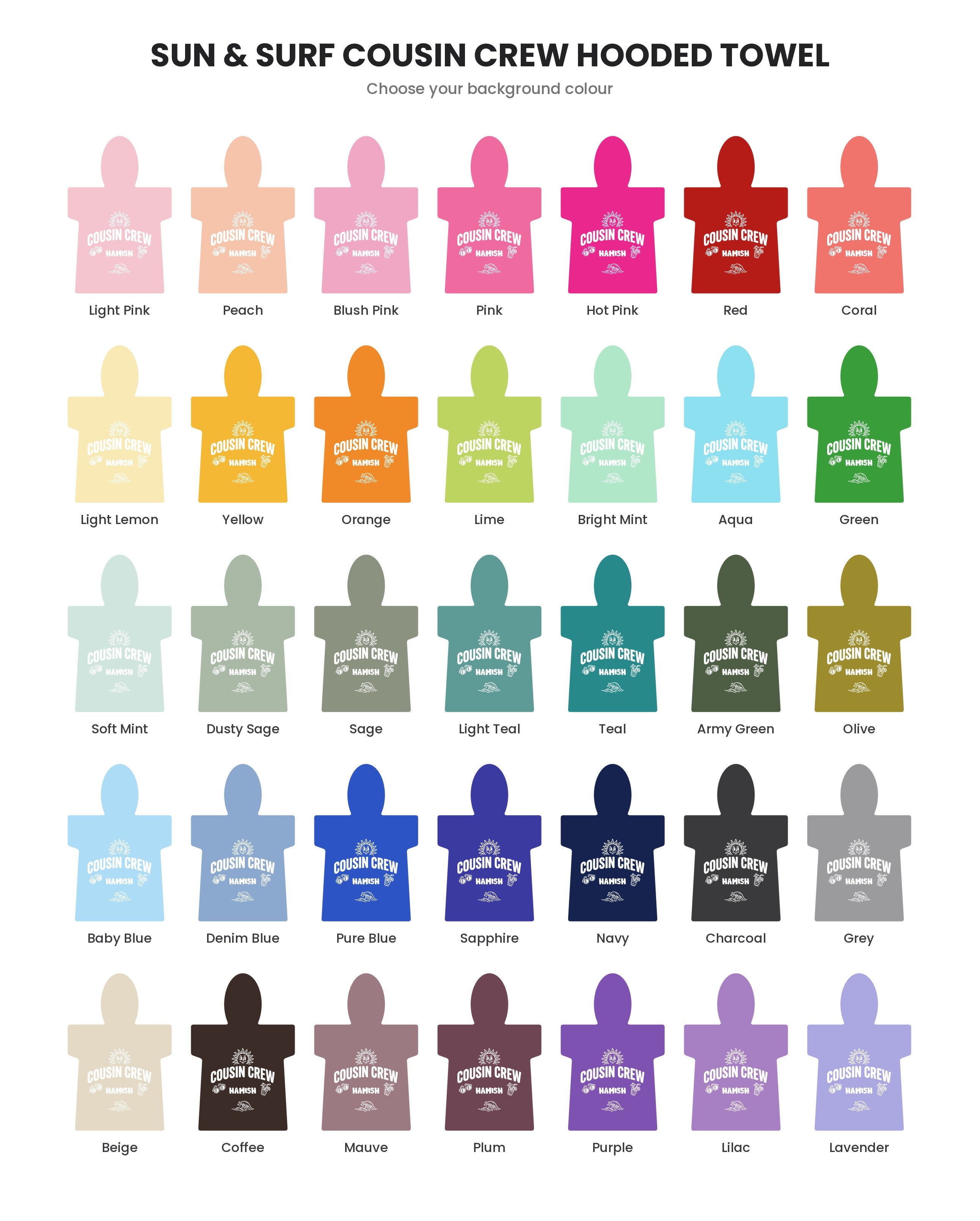 Personalised Sun & Surf Cousin Crew hooded towel name print detail