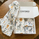 Personalised baby swaddle and blanket bundle with newborn name, soft fabrics for cuddles and pram naps, perfect baby box gift