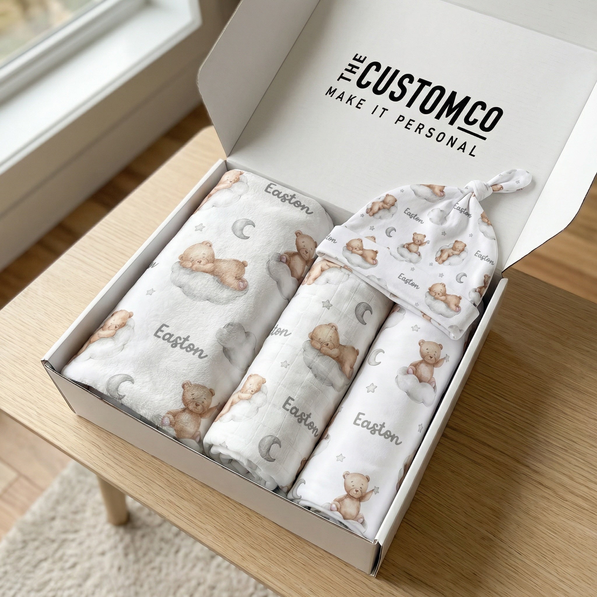 Personalised Newborn Essentials Gift Bundle with minky blanket, jersey swaddle, beanie, muslin swaddle, and 6-in-1 nursing cover baby box